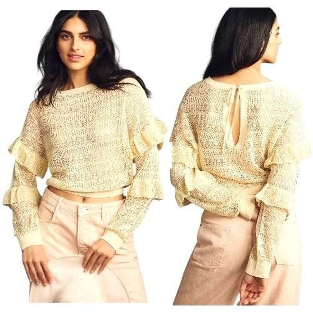 Anthropologie Sheer Open-Stitch Ruffle Pullover Sweater Cream Size XS
